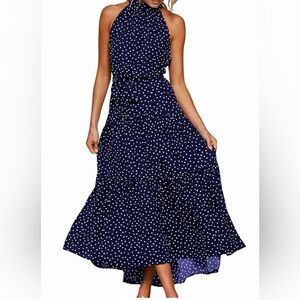 Elegant Navy Polka Dot Halter Dress